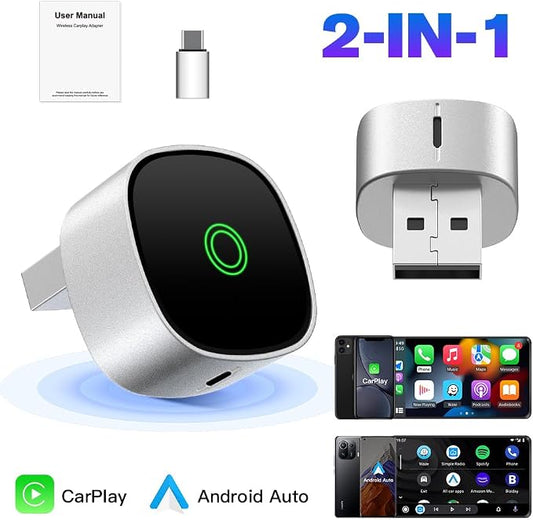 2-in-1 Wireless CarPlay Adapter for iPhone ＆ Wireless Android auto Adapter, Plug and Play USB/USB C Connection, Apple Car Play Wireless Adapter for iOS/Android