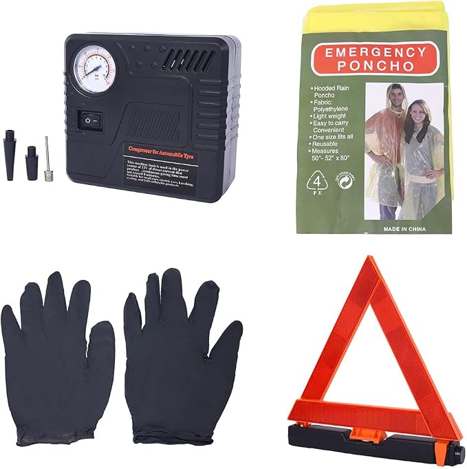 Car Emergency Kit, Jumper Cables, Tow Strap, Flashlight, Gloves, Portable Air Compressor, Roadside Assistance Emergency Kit for Cars & Trucks
