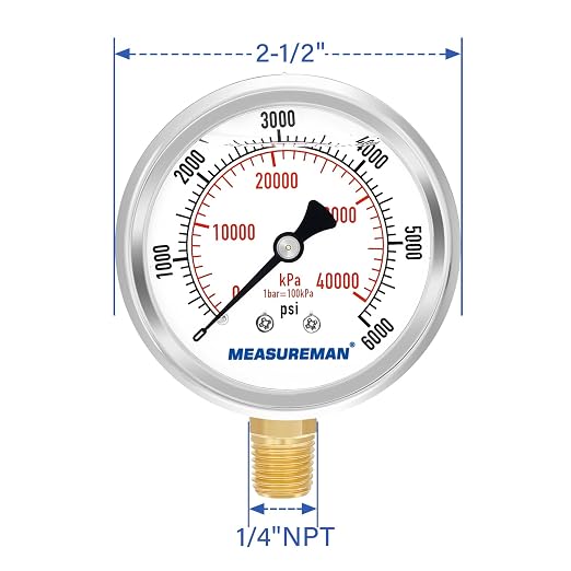 MEASUREMAN 2-1/2" Dial Size, Glycerin Filled Pressure Gauge, 0-6000psi/kpa, 304 Stainless Steel Case, 1/4" NPT Lower Mount
