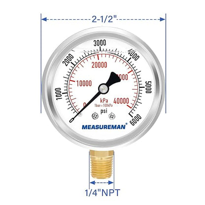 MEASUREMAN 2-1/2" Dial Size, Glycerin Filled Pressure Gauge, 0-6000psi/kpa, 304 Stainless Steel Case, 1/4" NPT Lower Mount