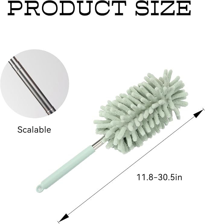 2PCS Car Interior Duster with Extension Pole, Microfiber Retractable Dusters Auto Dash Cleaning Tool, Soft Chenille Hand Washable Dusters for Vehicle Window Office Furniture (Light Green)