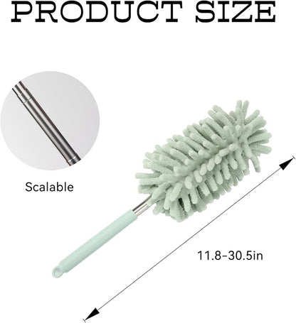 2PCS Car Interior Duster with Extension Pole, Microfiber Retractable Dusters Auto Dash Cleaning Tool, Soft Chenille Hand Washable Dusters for Vehicle Window Office Furniture (Light Green)