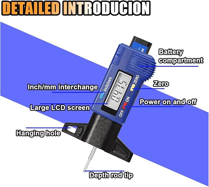 LCD Display Tire Tread Depth Gauge, Car Tire Digital Measuring Gauge Tool with Inch MM Conversion, Tire Wear Gauge Tread Checker for Motorcycle, Truck, Car, SUV, Not Include Battery