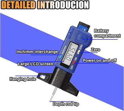 LCD Display Tire Tread Depth Gauge, Car Tire Digital Measuring Gauge Tool with Inch MM Conversion, Tire Wear Gauge Tread Checker for Motorcycle, Truck, Car, SUV, Not Include Battery