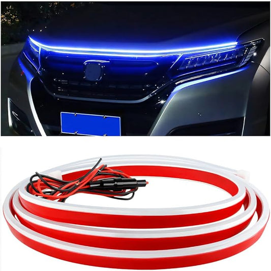 Car Hood Light Strip, 71 Inch Silicone Flexible Daytime Vehicle LED Running Lighting with Dynamic Scan Start Up Effect, Waterproof Auto Exterior Lamp Accessories, Universal Fit (Blue)