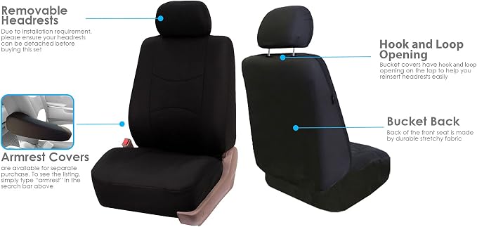 FH Group Stylish Full Set Car Set Covers Front Set and Rear Split Function, Airbag Compatible – Universal Fit for Cars Trucks & SUVs (Solid Black)