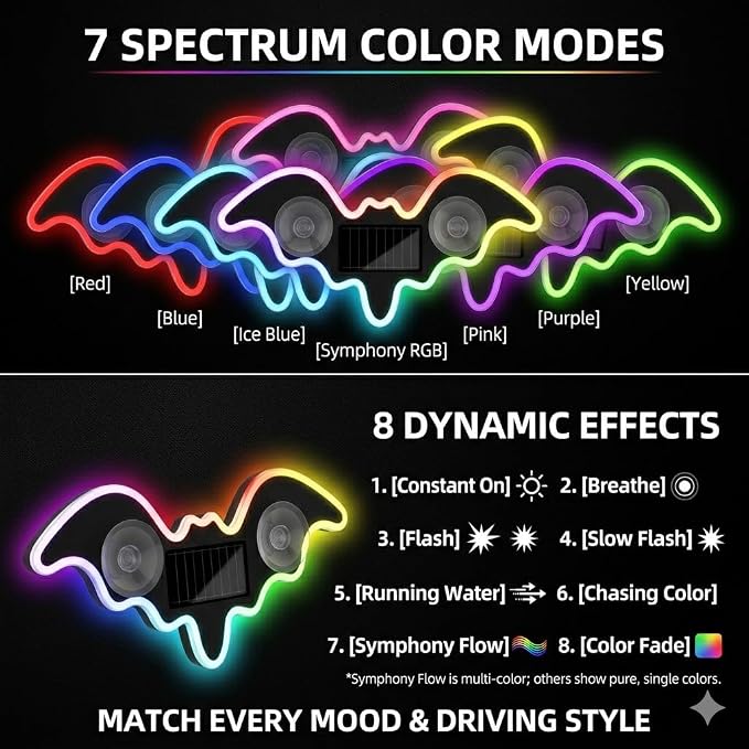 Solar Powered Bat LED Car Light, Wireless RGB Visor Atmosphere Lamp | 100% solar powered bat-shaped LED car lamp. Wireless RGB ambient light with dual smart motion light sensors & suction cup.
