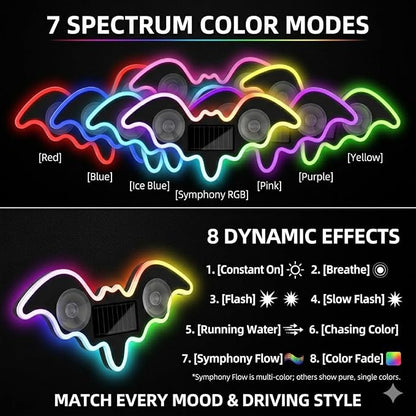 Solar Powered Bat LED Car Light, Wireless RGB Visor Atmosphere Lamp | 100% solar powered bat-shaped LED car lamp. Wireless RGB ambient light with dual smart motion light sensors & suction cup.