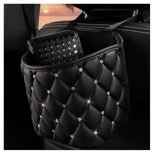 Bling Rhinestones Car Trash Can, Car Seat Back Organizer Trash Bag Auto Garbage Can Hanging Container Waste-Basket - Black