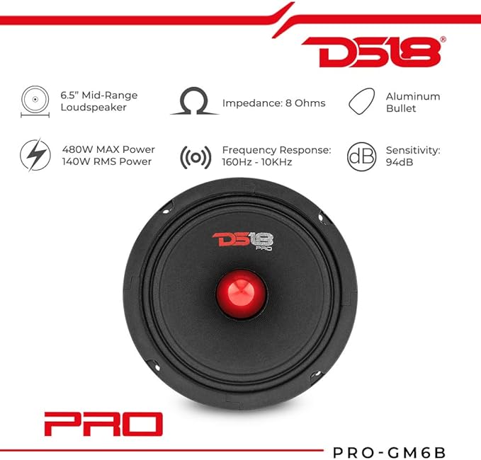 DS18 PRO-GM8B Loudspeaker - 8", Midrange, Red Aluminum Bullet, 580W Max, 190W RMS, 8 Ohms - Premium Quality Audio Door Speakers for Car or Truck Stereo Sound System (1 Speaker)