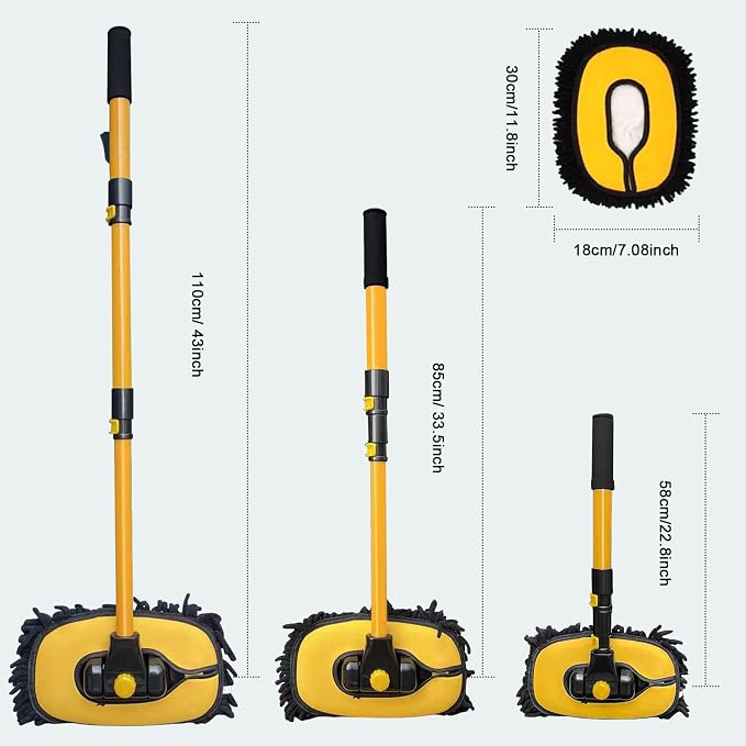 YeewayVeh Car Wash Brush with Long Handle, Microfiber Car Wash Mop with Replaceable Chenille Brush Head, Soft Cleaning Brush with 15° Curved Extension Pole Car Wash Kit for RV Truck Camper, Yellow