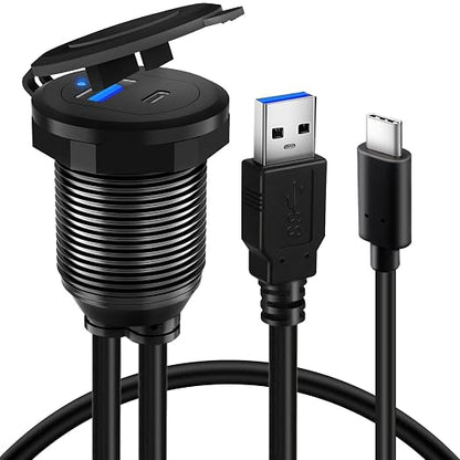 Type C 3.0 USB 3.0 Alloy Shell Car Mount Flush USB Port Cable Male to Female, Car Truck Boat Motorcycle Dashboard Panel Extension Cable LED Indicator - 3ft