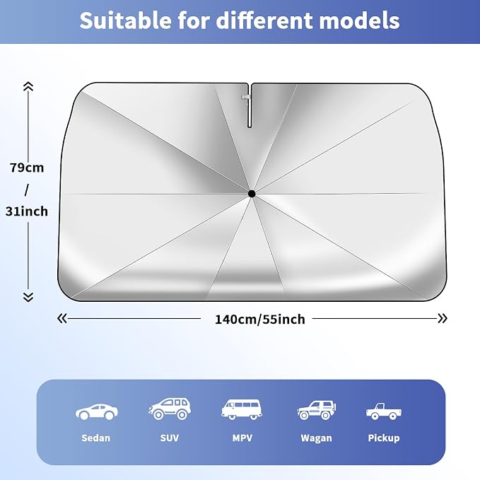 Car Windshield Sun Shade - Universal 55"x31" Front Window Sunshield with Heat-Blocking Titanium Coating, Compact Umbrella Design, for Sedan, SUV, Truck