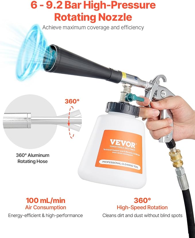 VEVOR Car Cleaning Gun, 6-9.2 Bar High-Pressure Air Blow Gun with 2 Set Nozzles & 1L Liquid Bottle, Vortex Cleaning Gun, Quickly Blasts Dirt and Dust from Surface, Suitable for 1/4 NPT Air Compressor