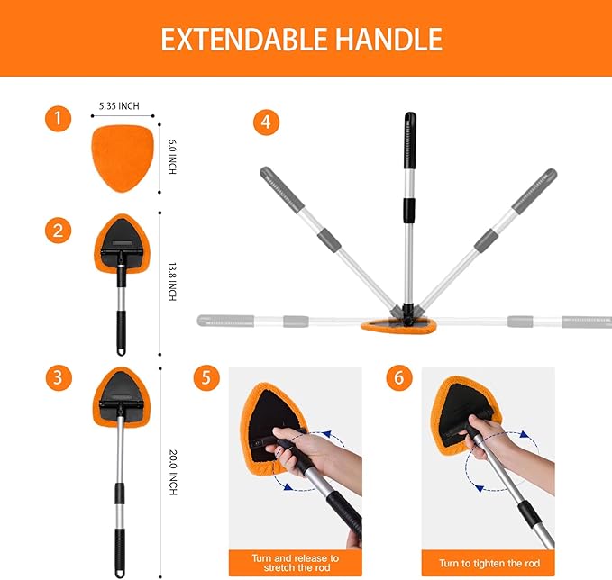 Qydipclin 7pcs Windshield Cleaner Tool Car Window Cleaning Wash Kit with 4 Reusable Microfiber Pads 1 Spray Bottle and Extendable Handle Auto Glass Wiper Kit, Orange