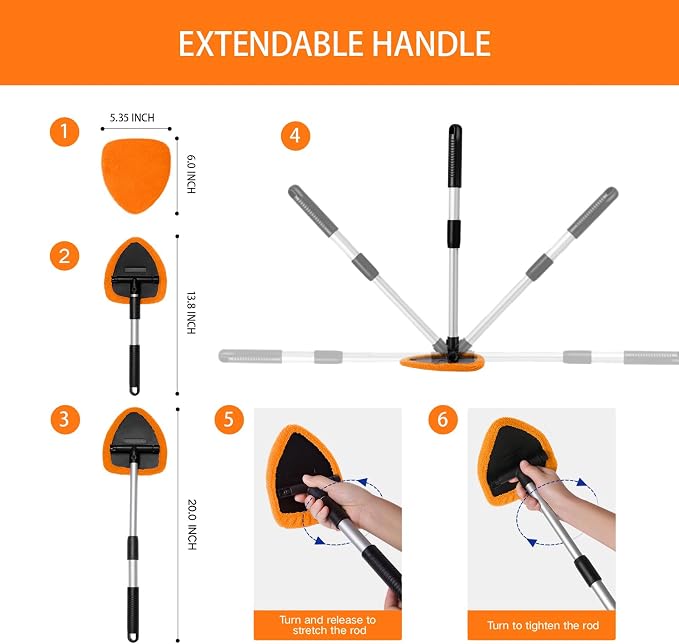 Qydipclin 11pcs Windshield Cleaner Tool, Car Window Cleaning Wash Kit with 6 Reusable Microfiber Pads 2 Spray Bottles and Extendable Handles Auto Glass Wiper Kit, Orange