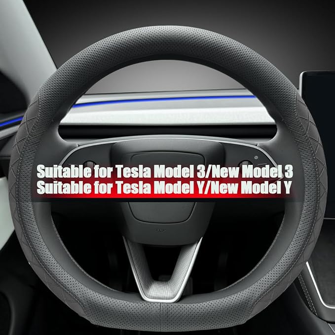 LKWLIKEI Leather Steering Wheel Cover. Elegant Diamond Checkered Design, Non-Slip and Breathable, for Tesla Model 3/Y Steering Wheel Protector,Black