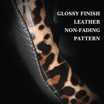 KAFEEK Light Brown Leopard Steering Wheel Cover, 15 inch Carbon Fiber Texture, Coffee Cheetah Pattern, Non-Slip Microfiber Leather, Universal Fit for SUV Sedan