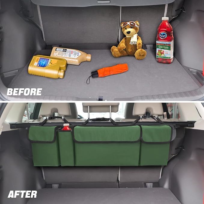 AUCELI Car Trunk Organizer, Backseat Hanging Large Storage with Adjustable Straps, Waterproof Collapsible Cargo Bag with 4 Pockets, Sturdy Space Saver Frees Trunk Floor for SUV, Truck, MPV