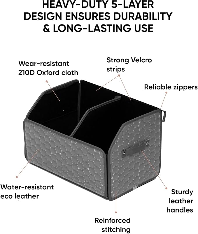 Owleys Foldable Trunk Organizer for Car - Collapsible Auto Trunk Organizer with Lid - Small and Large Cargo Organizer - Trunk Storage Box with 2 Compartments - Gray 17