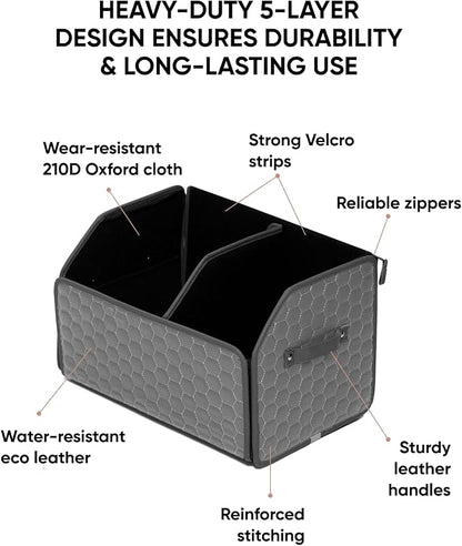 Owleys Foldable Trunk Organizer for Car - Collapsible Auto Trunk Organizer with Lid - Small and Large Cargo Organizer - Trunk Storage Box with 2 Compartments - Gray 17
