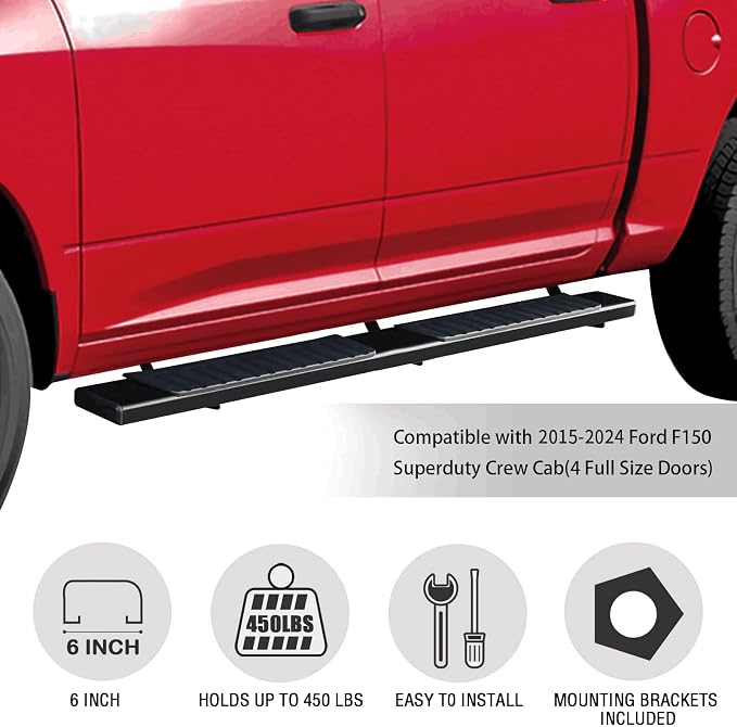 COMNOVA Running Boards Compatible with 15-26 Ford F150 Crew Cab(4 Full Size Doors) Side Steps for 2017-2026 Ford F250 F350 Super Duty Crew Cab.6 Inches Black Powder Coated Running Boards & Steps