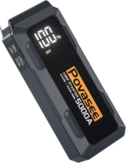 Povasee Car Battery Jump Starter 5000A Jump Box (All Gas/10L Diesel) Portable Car Jump Starter Battery Pack, 12V Jumper Starter Portable 3" LCD Display/Power Bank/Dual Output/LED Light DC