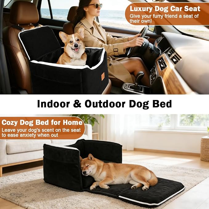 SZEE Dog Car Seat for Small/Medium Sized Dogs up to 35 lbs, Dog Booster Car Seat with Detachable Protective Leather Cover, Save Cleaning Effort, Reclinable Backrest (Black)