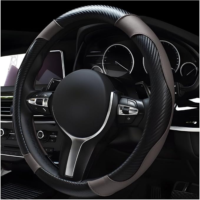 povtii Car Steering Wheel Cover, 15 Inch Leather Breathable Auto Steering Wheel Protector, Comfortable Non-Slip Vehicle Steering Wheel Covers, Universal Car Accessories (Gray, with Lining)