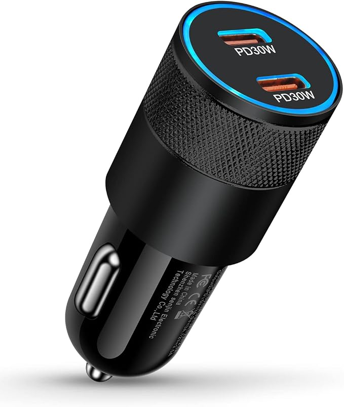 60W USB C Car Charger, Dual PD 3.0 Fast Charging Adapter Flush Fit Cigarette Lighter Plug for iPhone 17e 17 16 15 Pro Max 16e, Galaxy S26 S25 S24 Ultra S23, Google 10 9 Pro XL Type C Car Charger Block