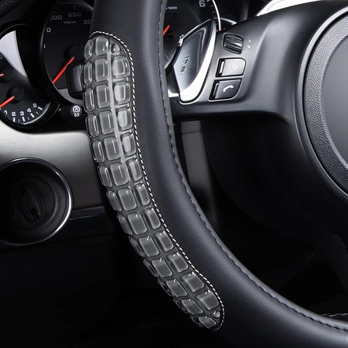 Flying Banner car Steering Wheel Cover Gel Massage Velvet Cool Warm Universal Size 15 inches SUV Truck Anti Slip Odorless Summer Winter (Black Gray, Gel Massage)