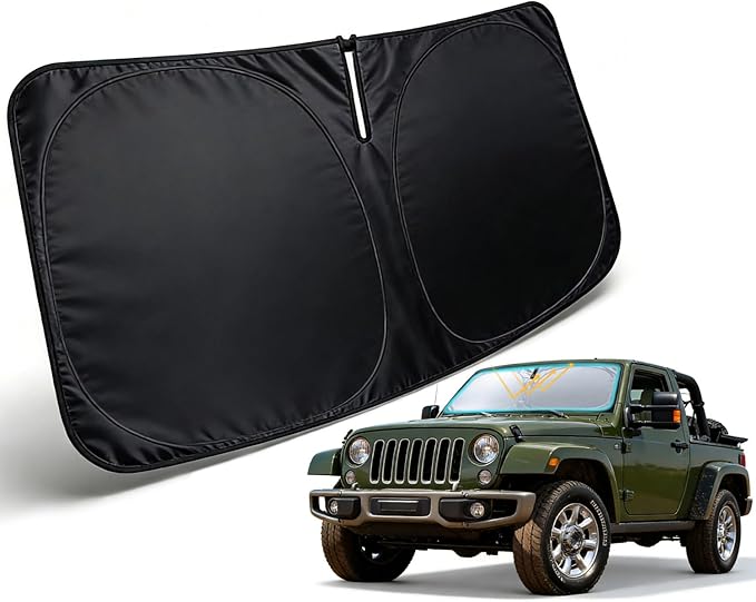 Windshield Sun Shade for 1997-2017 Jeep Wrangler JK JKU Accessories, Car Front Window Sun Visor & Heat Shield | 420D Sunshade Protection Blocks UV Rays Keep Your Car Cooler
