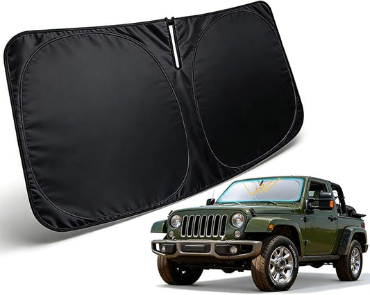 Windshield Sun Shade for 1997-2017 Jeep Wrangler JK JKU Accessories, Car Front Window Sun Visor & Heat Shield | 420D Sunshade Protection Blocks UV Rays Keep Your Car Cooler