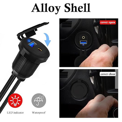 Alloy USB 3.0 AUX DC3.5mm Port Car Mount Flush Cable for Car Boat Motorcycle Dash Panel with LED Indicator - 3ft