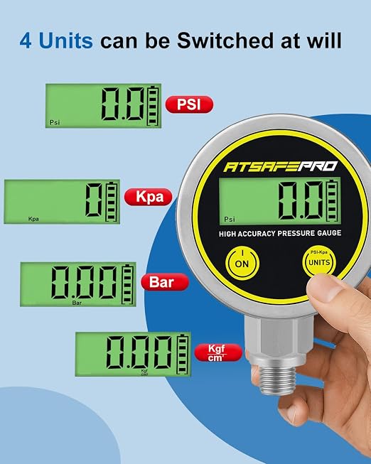 Digital Pressure Gauge-1000psi Range,2.9-Inch LCD Dial,1/4 Inch NPT Bottom Thread Stainless Steel Water Pressure Gauge,Suitable for Measuring Hydraulic, Oil, Water, and Air Pressure