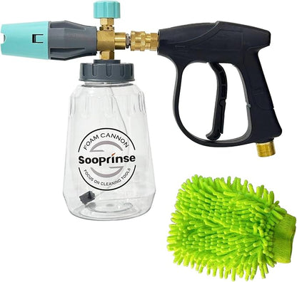 Foam cannon with clear bottle, black handle, and green scrubbing glove on a white background