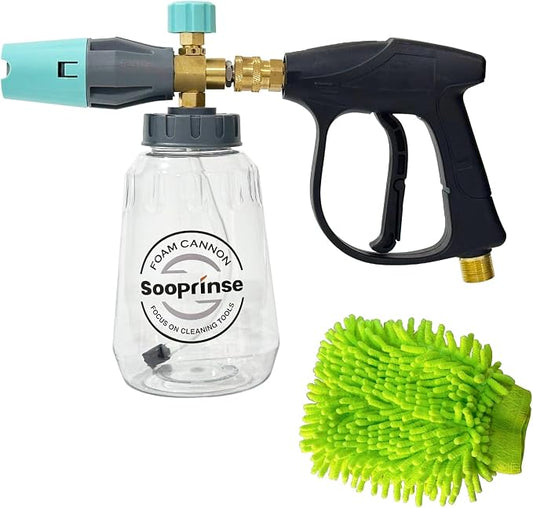 Foam cannon with clear bottle, black handle, and green scrubbing glove on a white background