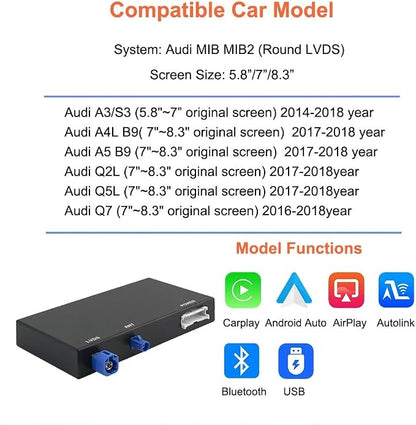 Wireless Carplay Android Auto Adapter for Audi A3 A4 A5 S3 B9 Q7 2014-2018 | MIB/MIB2 Retrofit Kit with Navigation, Music, Siri, OEM Knob Control, Camera Input