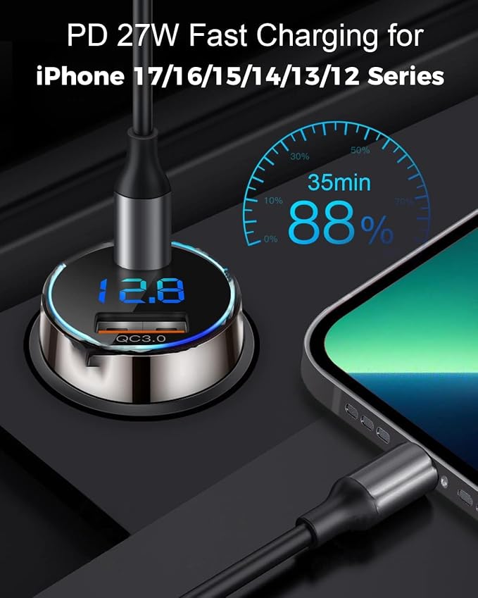 [Pure Copper] USB C Car Charger, SUPERONE 45W Dual USB Car Charger Adapter with 27W/20W PD Port, Fast QC3.0 LED Voltmeter for iPhone 17 16 15 14 Max/Pro/Plus/Mini, Pixel 9/8/7, Samsung S25/S24 More