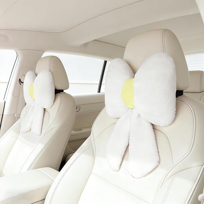 Sexysamba 2 Pcs Plush Bow Car Headrest Neck Pillow Cute Bow Pillow for Car Seat Décor Soft Neck Support for Comfortable Driving Traveling Office Fluffy Head Rest Cushion, White