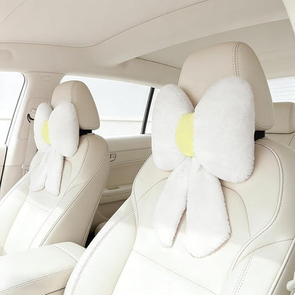 Sexysamba 2 Pcs Plush Bow Car Headrest Neck Pillow Cute Bow Pillow for Car Seat Décor Soft Neck Support for Comfortable Driving Traveling Office Fluffy Head Rest Cushion, White