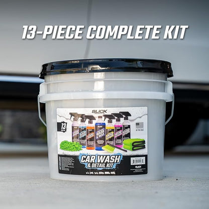 Slick Products Car Wash & Detail Kit (13-Piece) – Complete Car Cleaning & Detailing Kit with Ceramic Wash, Degreaser, Interior Cleaner, Glass Cleaner, Towels, Brush, Wash Bucket & More