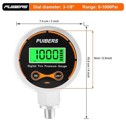 Digital Pressure Gauge 1000 Psi with 1/4 NPT Lower Mount，Media Pressure Gauge for Oil, Air or Water Pressure with 304 Stainless,Suitable for Home Water Pipe, HVAC,Air Pressure Measuring