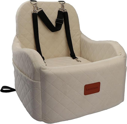 Lealchum Dog Booster Car Seat,Ultra Soft Fabric & Filling Memory Foam,Elevated Cushion,3 Straps & Safety Belt Channel,Anti-Slip Base,Fully Detachable and Washable(Beige,Medium)