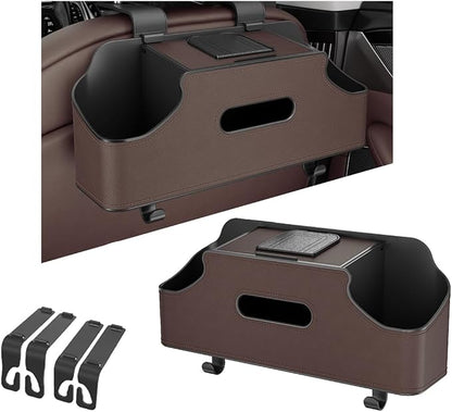 Car Seat Back Organizer, 3-in-1 Vehicle Backseat Storage Box with Cup Holder Tissue Box Trash Bin & Hooks, Multifunctional Auto Interior Headrest Organizer, Universal for SUV RV Truck (Brown)