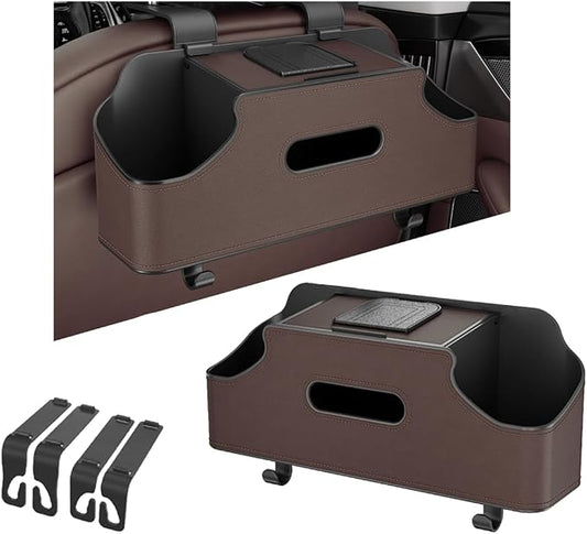 Car Seat Back Organizer, 3-in-1 Vehicle Backseat Storage Box with Cup Holder Tissue Box Trash Bin & Hooks, Multifunctional Auto Interior Headrest Organizer, Universal for SUV RV Truck (Brown)