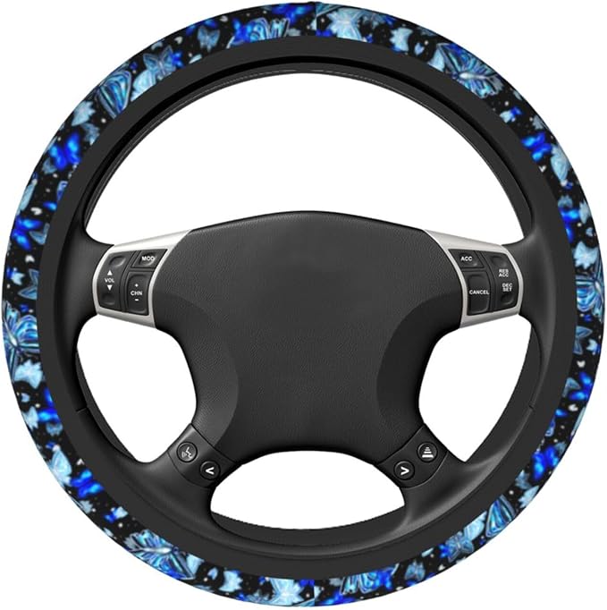 Blue Butterfly Steering Wheel Cover Universal 14.5-15 Inch Car Wheel Protector Anti-Slip Car Steering Wheel Accessories for Women Girls