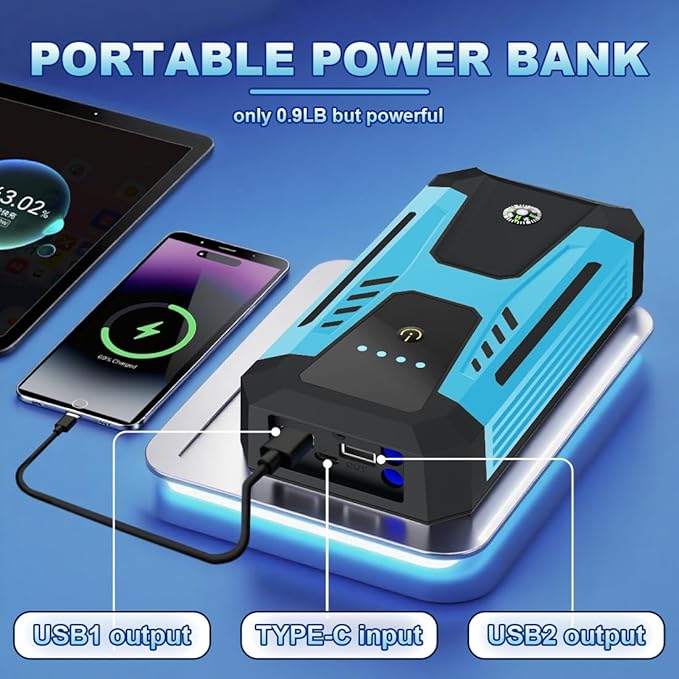 12v Jump Starter for 10.0L Gas/8.0L Diesel, 6000A Peak Car Battery Jumper Starter Portable, IP66 Waterproof Jump Box with Emergency Light and Storage Case