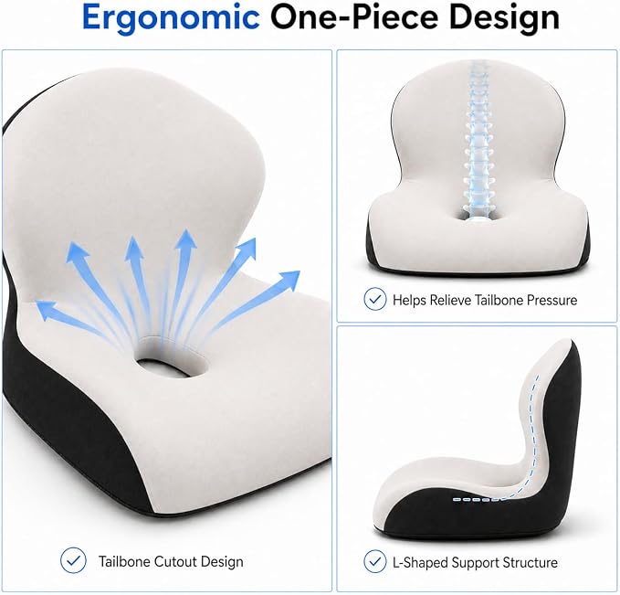 Memory Foam Office Chair Cushion with Back Support, Ergonomic Seat Cushion for Office Chair and Car Seat, Pressure Relief for Long Sitting (Light Grey)