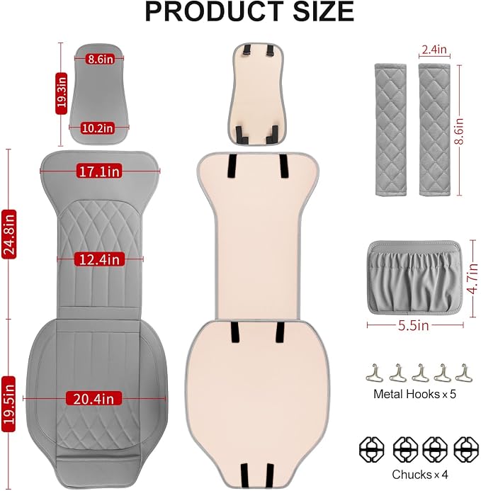 BEITK 2 Pack Leather Front Car Seat Covers, Universal Sideless Car Seat Protectors with Storage Pocket and Seat Belt Pads, Waterproof Automotive Seat Cover for Cars Trucks SUV(Grey)
